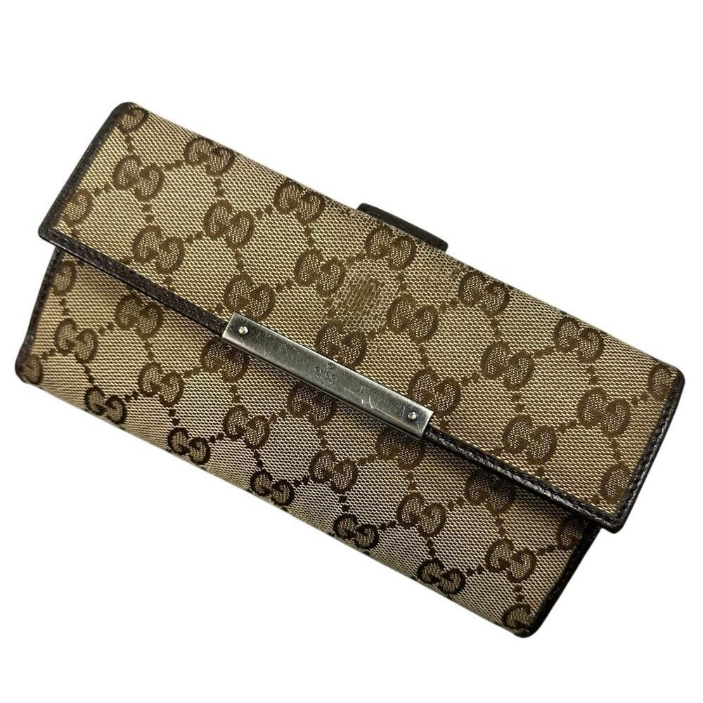 Gucci Continental Wallet GG Monogram Canvas Leather Metal Bar Y2K